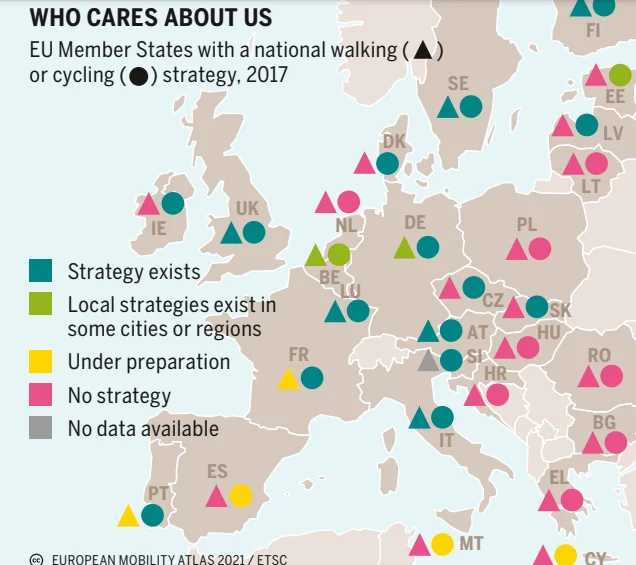 Európai országok nemzeti gyalogos és kerékpáros stratégiájának térképe