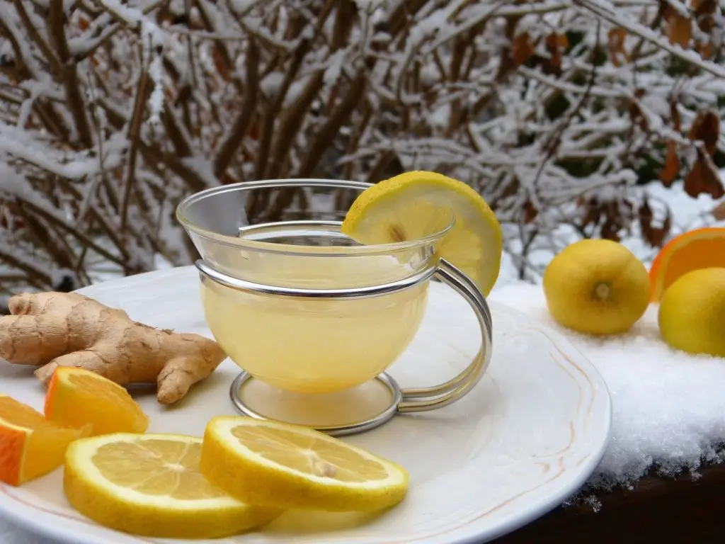 csésze tea, citrom és narancs karikák