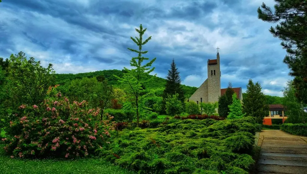 növények a háttérben egy templommal